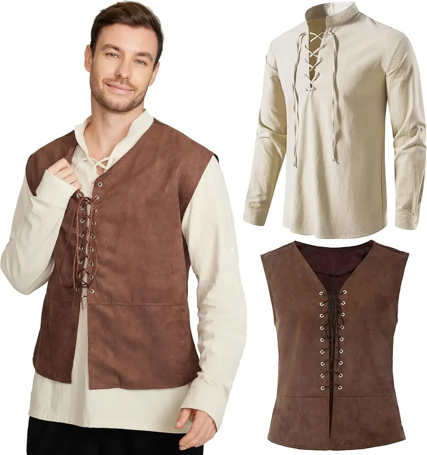 Medieval Gothic Lace Up Pirate Shirt - 2-delige set: Middeleeuws piratenvest voor heren,